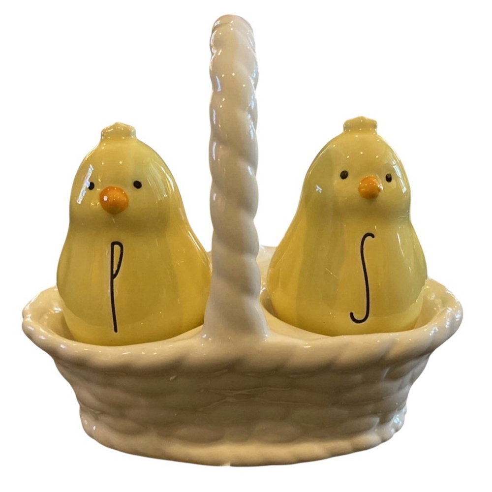 Rae Dunn Yellow Chick Salt & Pepper Shakers with White Basket - Picture 2 of 7